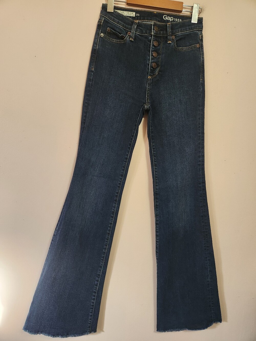 Gap 1969 Authentic Flare High Rise Button Fly Dark Wash Raw Hem Jeans Size 25